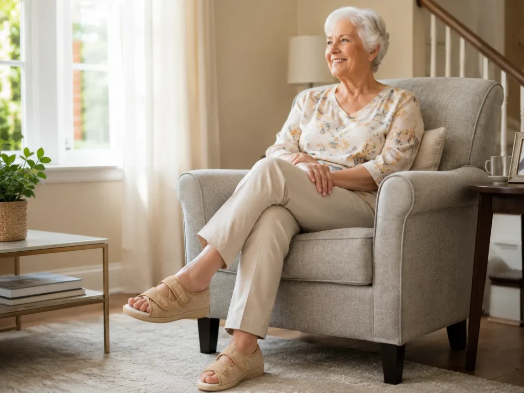 A Diabetic Patient Wearing Open Toe Khaki Medical Shoes.