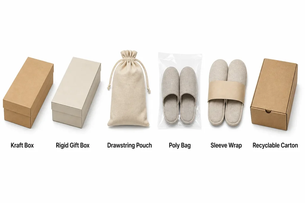 Indoor Slippers – Packaging Options Kraft Box, Rigid Gift Box, Drawstring Pouch, Poly Bag, Sleeve Wrap, Recyclable Carton