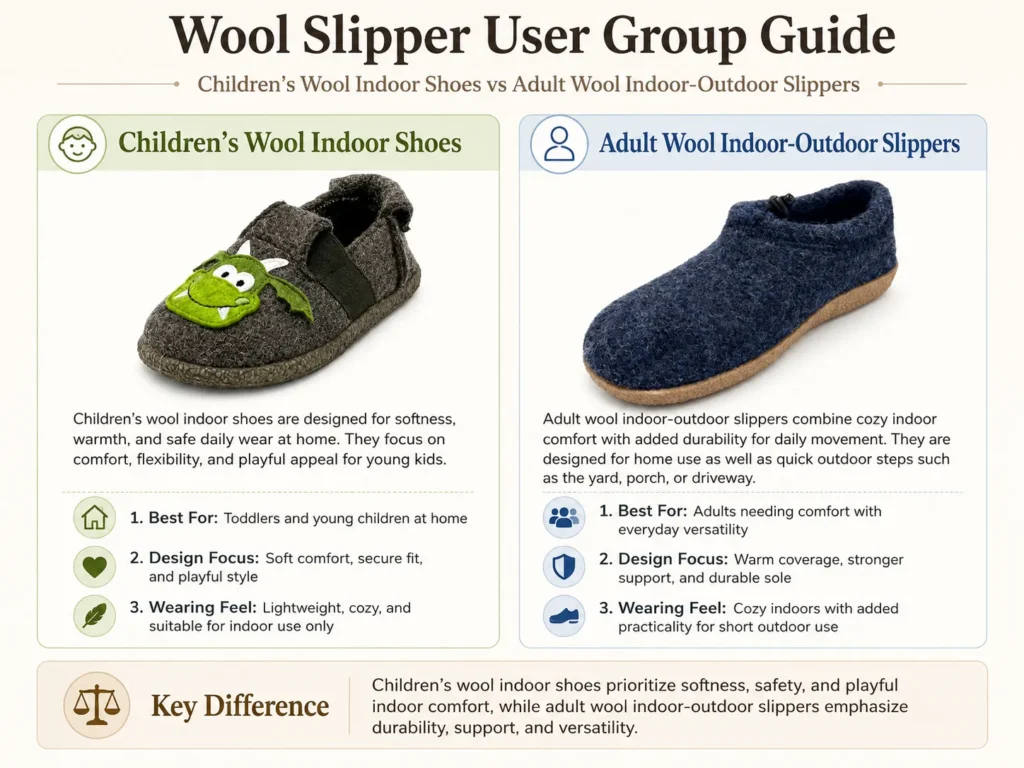 Clasificados por grupo objetivo: Zapatos de lana para niños en interiores y zapatillas de lana para adultos para interiores y exteriores. Clasificados por grupo objetivo: Zapatos de lana para niños en interiores y zapatillas de lana para adultos para interiores y exteriores.