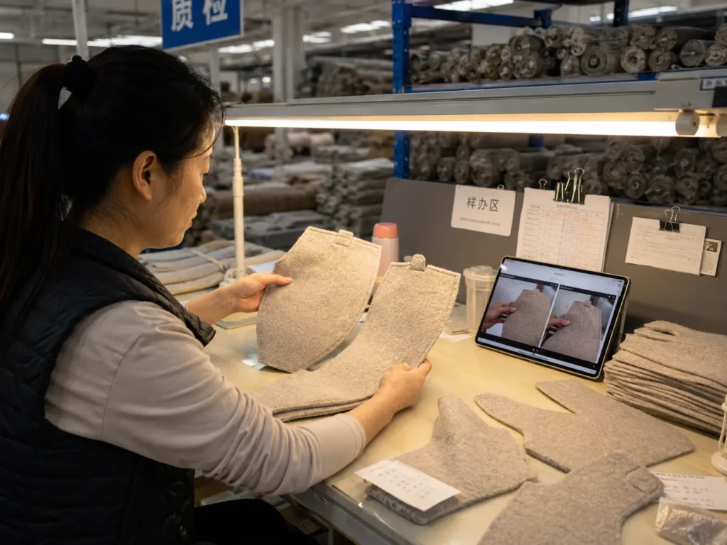 Factory Quality Inspectors Are Checking For Color Differences Under The Lights.