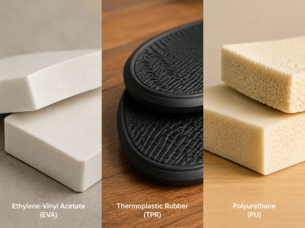 Three Types Of Shoe Sole Materials Eva, Tpr, And Pu.